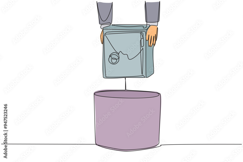 Poster continuous one line drawing businessman's hand throwing away broken safety box. it's no longer relia