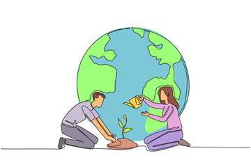 Single continuous line drawing man holds mound of earth while woman waters plants. Help each other keep the earth green. World environment day. Love the earth. One line design vector illustration