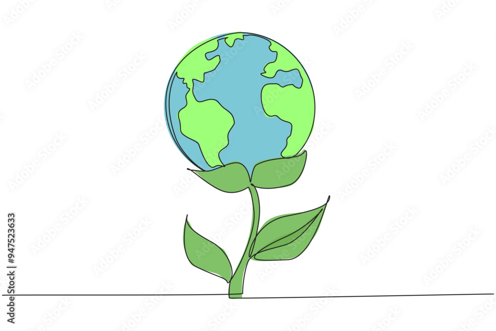 Aufkleber continuous one line drawing a plant with a globe at the end. world environmental day. save the world