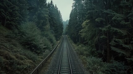 Fototapeta premium Train Tracks Through Foggy Forest