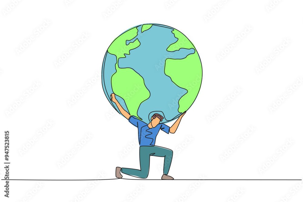 Poster single continuous line drawing a man kneels while cradling a globe. alone it will be difficult to lo