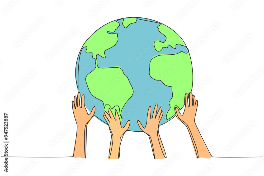 Poster single continuous line drawing several hands holding the globe from below. a real action to save our