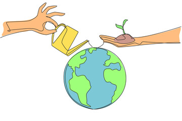 Single one line drawing one hand holds a plant seed while the other waters the globe. Awareness of keeping the earth green starts from oneself. Environment. Continuous line design graphic illustration