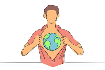 Single one line drawing a man unbuttons shirt revealing a globe on his chest. A sign of deep love for the earth. World environment day. Protect the earth. Continuous line design graphic illustration