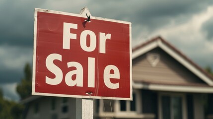 Obraz premium A red 'For Sale' sign in front of a house, indicating the house is available for purchase. The sky is cloudy in the background.