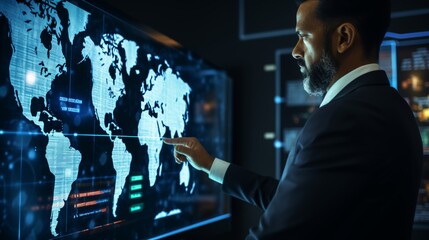 Hand pointing at a digital screen displaying global map and financial graphs for business growth