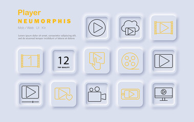 Player set icon. Play, pause, video, film reel, media, streaming, movie, watch, cinema, neomorphic style, entertainment, digital content