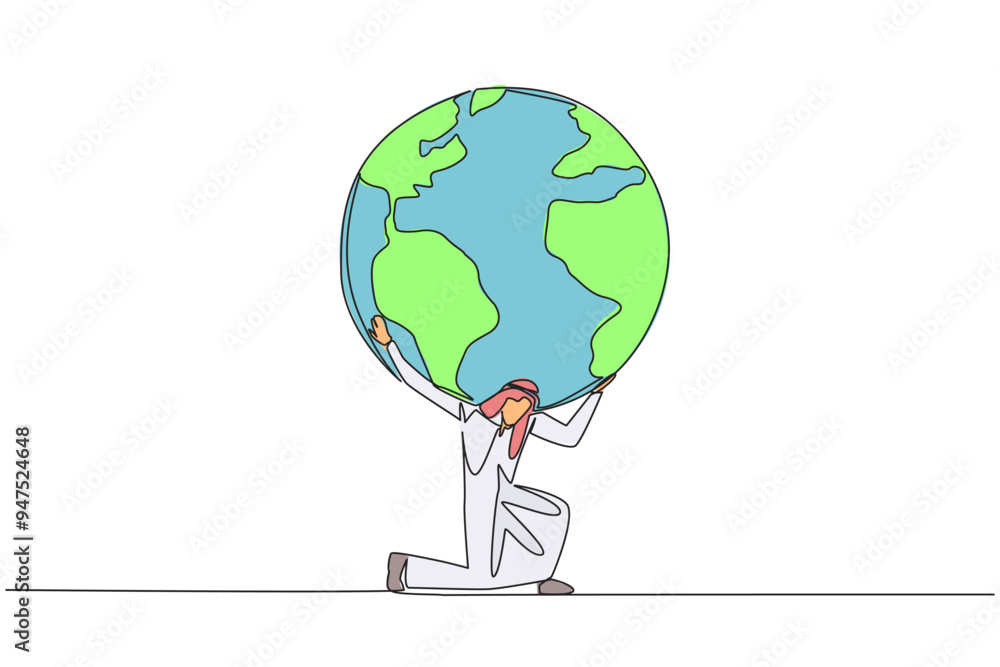 Aufkleber single continuous line drawing arab man kneels while cradling a globe. do the best to protect earth.