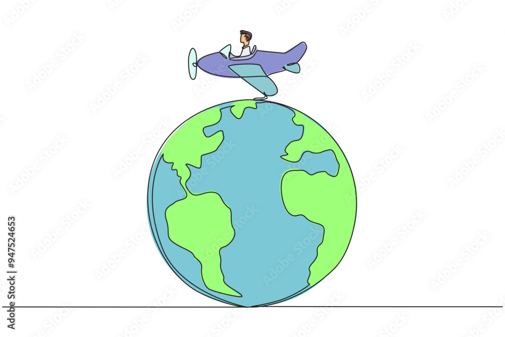 Aufkleber single one line drawing an airplane driven by a man on a globe. pollutes healthy air with emitted su