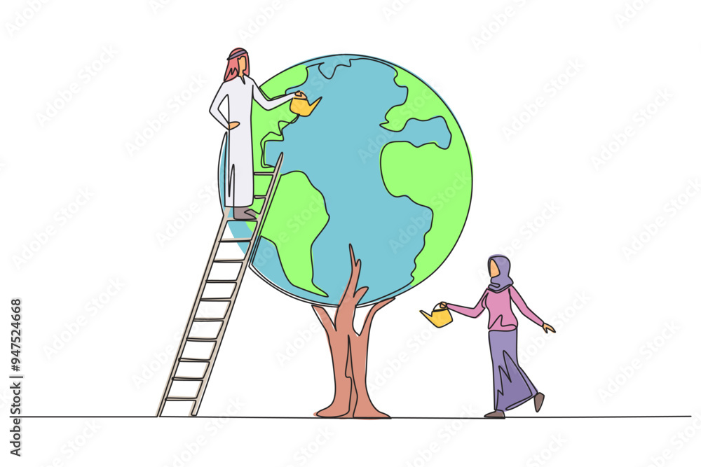 Poster continuous one line drawing arab man climbs a ladder watering a tree whose leaves form a globe. invi