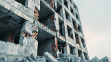 Abandoned and partially demolished building with exposed bricks and concrete in a state of disrepair against a cloudy sky.