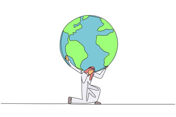 Single continuous line drawing Arab man kneels while cradling a globe. Do the best to protect earth. Do not litter. Do not carry out illegal logging. Save planet. One line design vector illustration