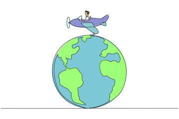 Single one line drawing an airplane driven by a man on a globe. Pollutes healthy air with emitted substances. Harmful to the ozone layer. Environmental. Continuous line design graphic illustration