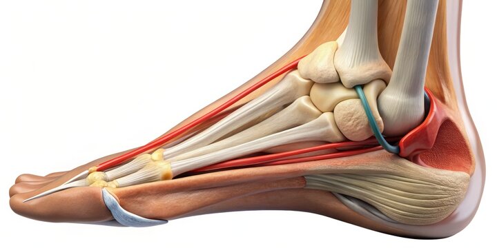 The peroneal tendon wraps around the 5th metatarsal bone, its fibers compactly bundled as they pierce the bone's cortical surface with precision.