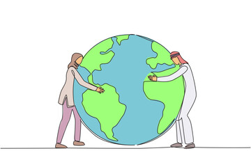 Continuous one line drawing Arabian man and Arabian woman standing hugging earth. Care about protecting the environment. Do not carry out illegal logging. Single line draw design vector illustration
