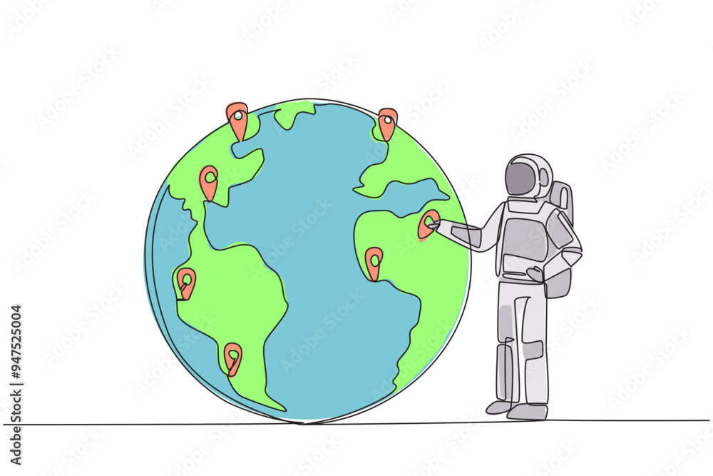 Poster continuous one line drawing astronaut places a pin location point on surface of globe. mapping from 