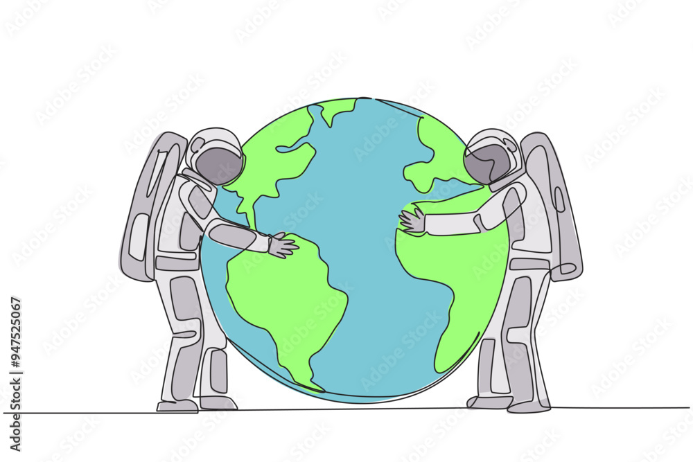 Poster continuous one line drawing two astronauts standing hugging globe. take care of each other with all 