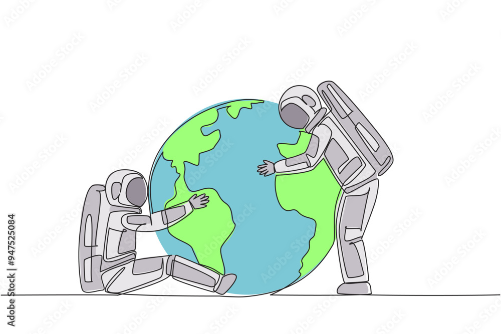Poster single continuous line drawing two astronauts hugging globe. best message from a spaceman: protect t