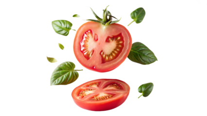 Tomato with half slices falling or floating in the air with green leaves on transparent background, png