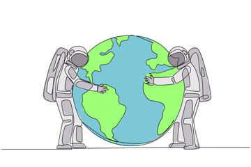 Continuous one line drawing two astronauts standing hugging globe. Take care of each other with all the heart. Keeps earth green. Cosmonaut protect earth. Single line draw design vector illustration