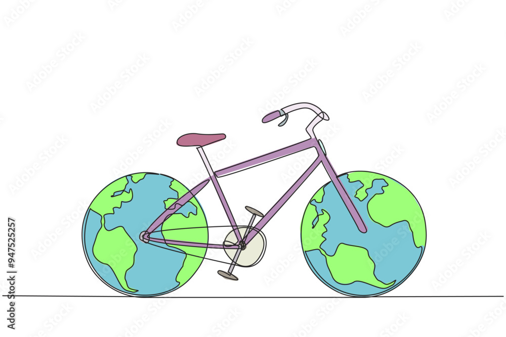 Aufkleber continuous one line drawing a bicycle with two globes replacing the tires. the concept of a vehicle 