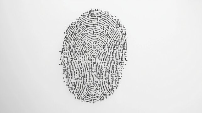 Stylized fingerprint made of binary code on a light background. The unique combination of a fingerprint pattern and digital code represents the intersection of security, identity, and technology, perf