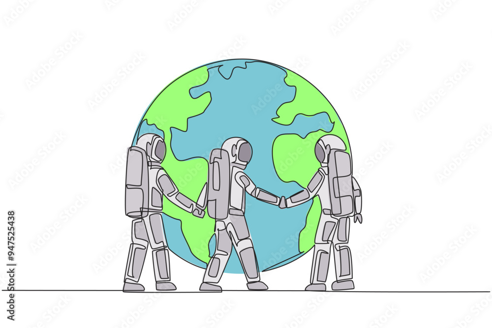 Aufkleber single continuous line drawing group of astronauts standing arm in arm around globe. the mission to 