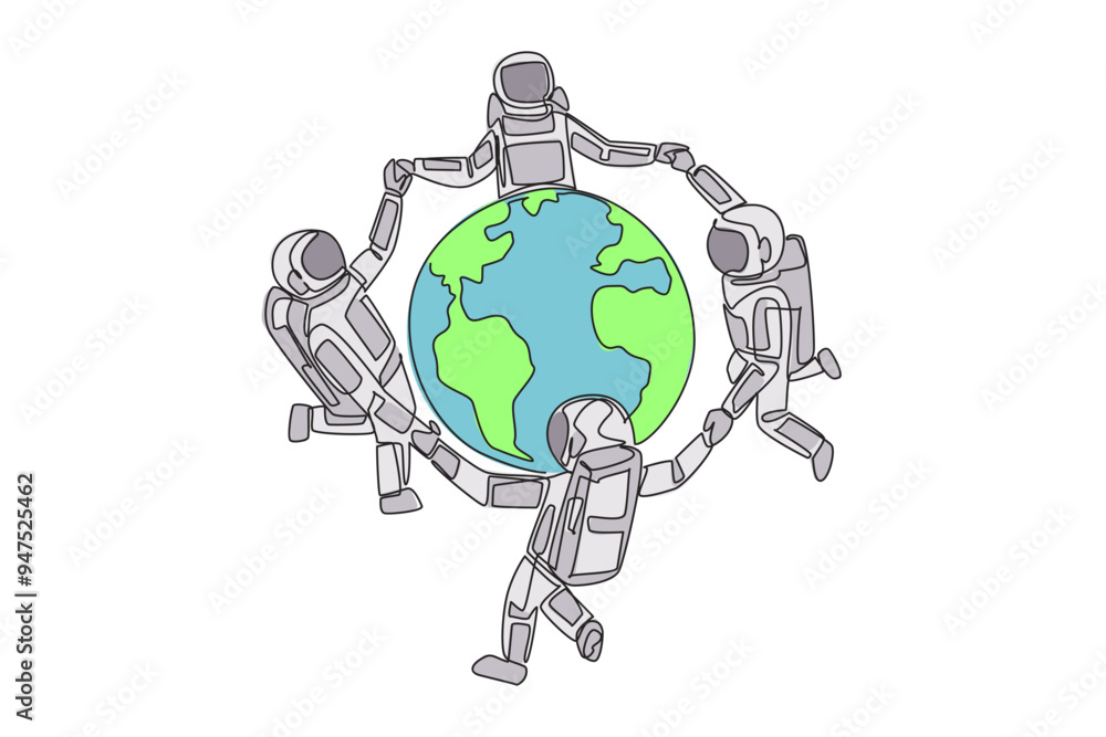 Poster single continuous line drawing a group of astronauts make a circle around the globe. with pride and 