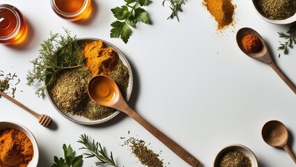 Fresh herbs and spices scattered on a wooden board, ready for a delicious and healthy meal