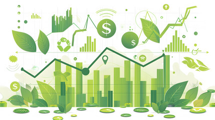 Vector graphic of financial charts intertwined with green leaves and eco-icons, highlighting the importance of sustainable practices in the green economy and responsible investing