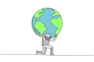 Single one line drawing astronaut kneels while cradling a globe. Fighting alone is very tiring. An invitation to protect the earth together. Cosmonaut care. Continuous line design graphic illustration