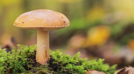 A close-up photo of a single mushroom growing on a mossy surface in a natural forest setting. The mushroom has a smooth, golden-brown cap, with a slightly blurred background of green and yellow hues, 