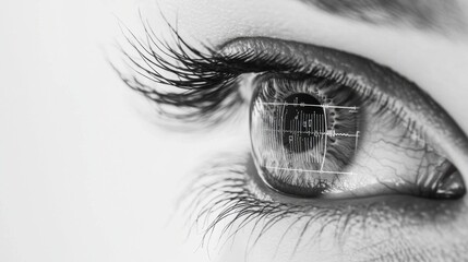 Close-up of a human eye in black and white with digital data overlay, representing advanced technology and biometric scanning, horizontal composition, high-tech and futuristic theme