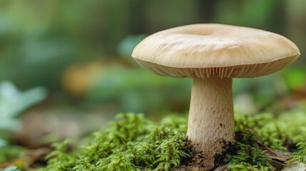 Close-up photograph of a single mushroom with a light brown cap, growing amidst green moss in a forest, natural soft focus background, horizontal composition, capturing the essence of nature and wilde