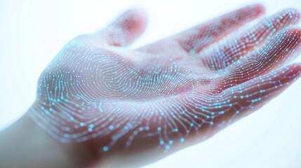 Futuristic digital representation of a human hand with glowing blue network patterns, symbolizing advanced technology and biometric data, horizontal composition, blending human touch with high-tech in