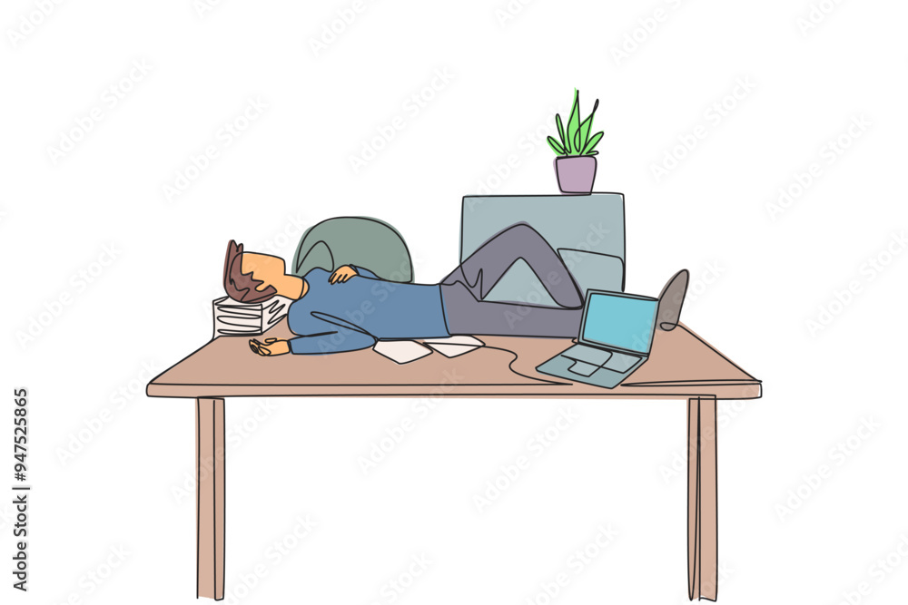 Poster single continuous line drawing man fell asleep on the table with a pillow from a pile of papers. wor