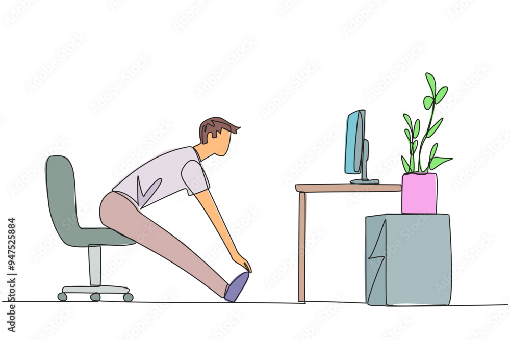 Poster continuous one line drawing man sitting in work chair with legs straightened. work overtime on weeke