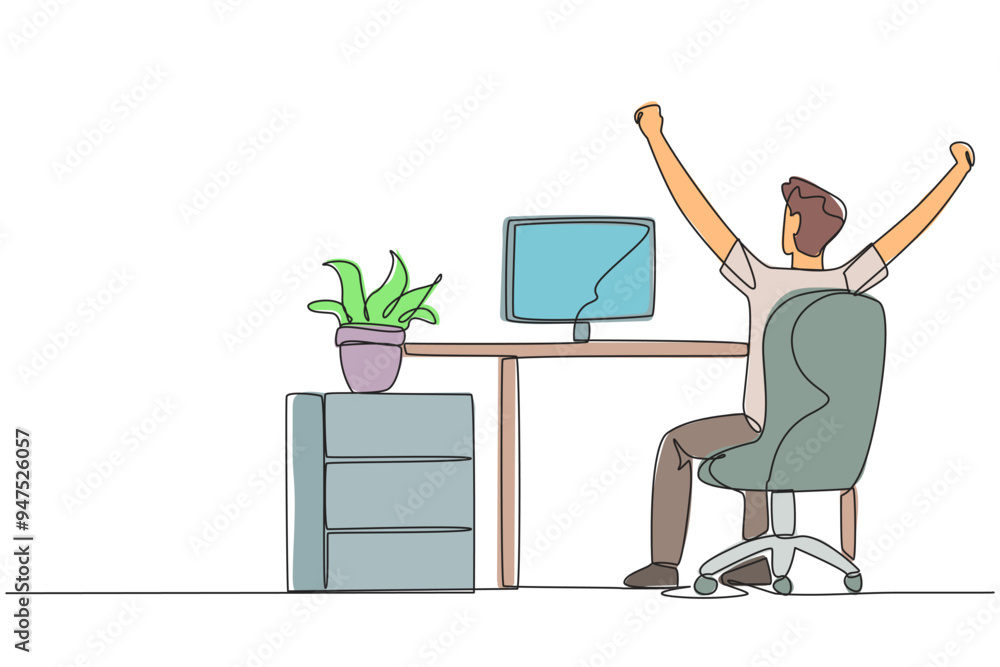 Aufkleber continuous one line drawing the man sit on chair opening and raising his hands. seen from behind. mo