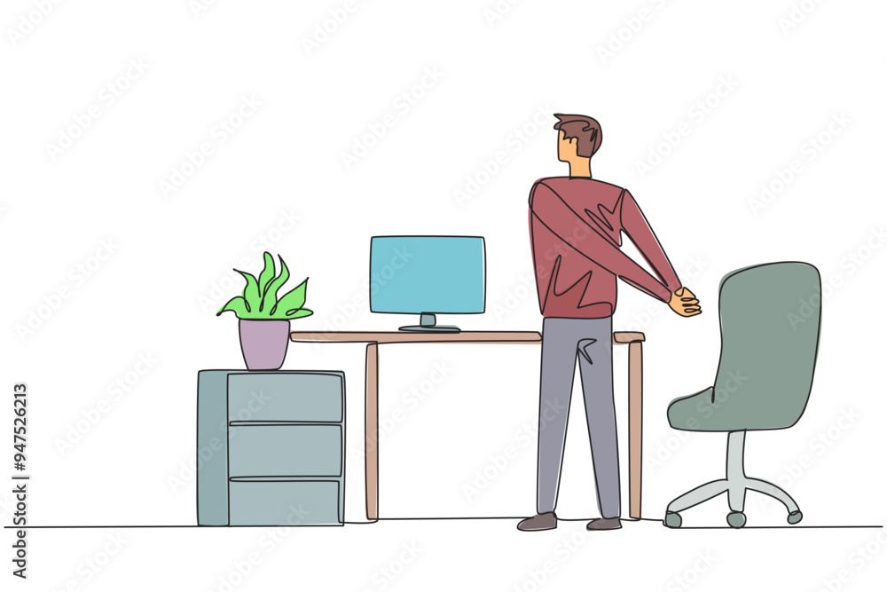 Poster single continuous line drawing man stands with his hands behind his back. a simple stretch before wo