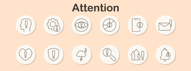 Attention set icon. Alert, notification, security, warning, message, health alert, weather warning, critical update, system error, emergency, important information, risk management, safety notice