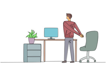 Single continuous line drawing man stands with his hands behind his back. A simple stretch before working overtime on the weekend. Lots of deadlines. Relaxes mind. One line design vector illustration