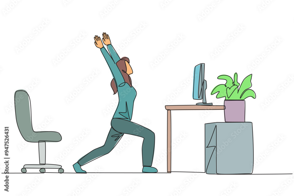 Poster single one line drawing woman stands with both hands raised and legs stretched. relax while working.
