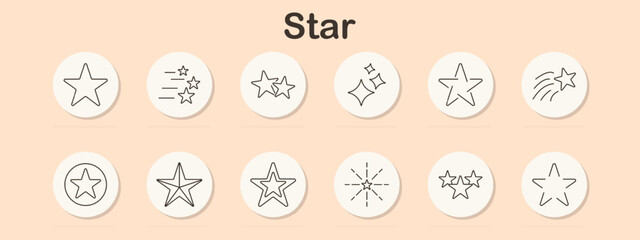 Star icon set. Various star symbols including shooting star, sparkling, double stars, and outline star designs for rating, decoration, and celestial themes © Кирилл Макаров