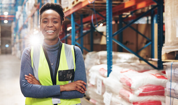 Black woman, portrait and supplier with confidence for logistics, shipment or inventory management at warehouse. Young African female person or distributor with smile or arms crossed in distribution
