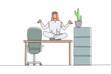 Single one line drawing Arabian man sitting cross-legged on a work desk. Requires calm in thinking. Can't be careless. Relaxing the mind. Stretching body. Continuous line design graphic illustration