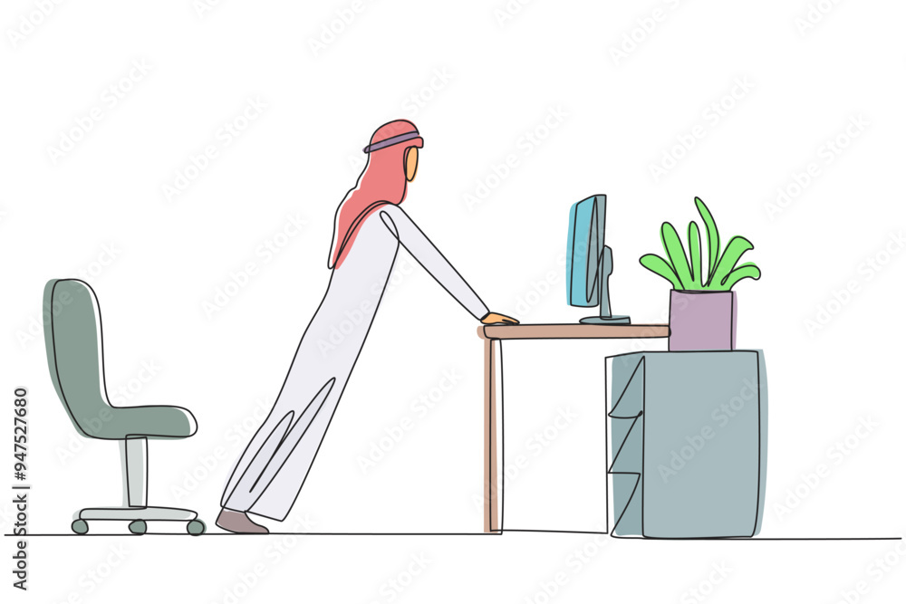 Aufkleber single continuous line drawing arabian man do push up movements by holding edge of work table. stret