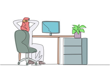 Continuous one line drawing Arab man sitting in chair with hands holding back of head. Off cam. Stretch the neck during online meetings. Listen seriously. Single line draw design vector illustration