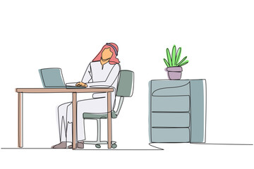 Continuous one line drawing Arab man sitting in work chair typing on a laptop with his head tilted. Stretching. Eliminates stiff neck due to being too busy. Single line draw design vector illustration