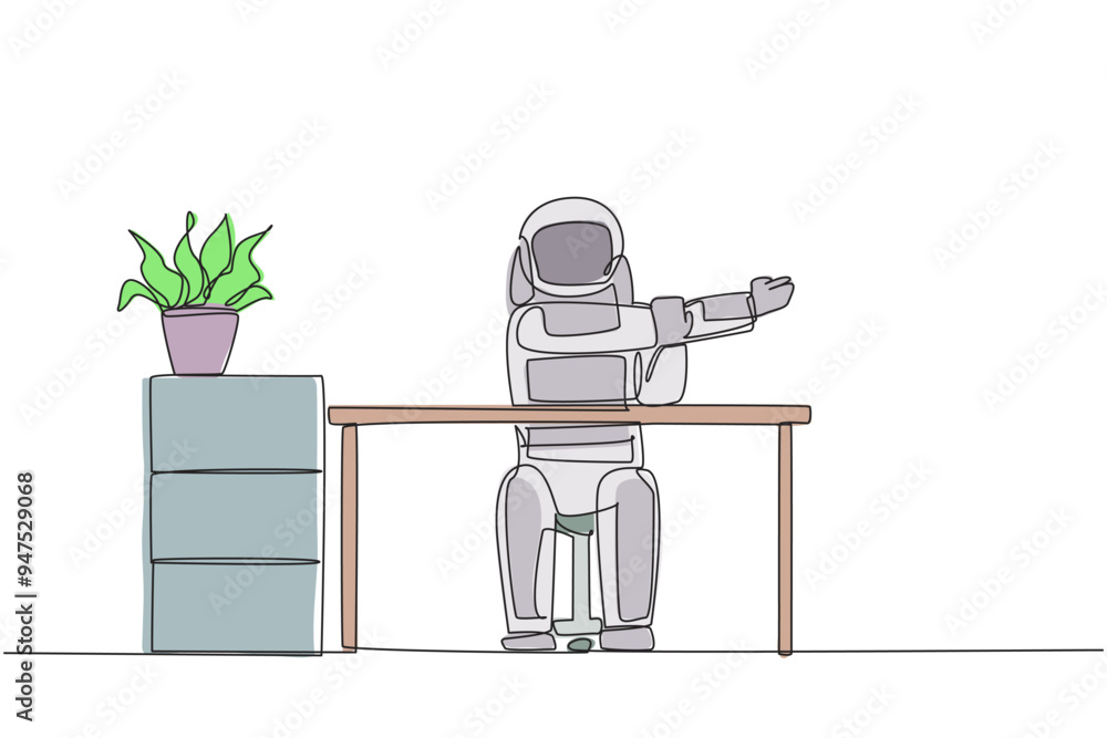 Aufkleber continuous one line drawing astronaut sitting in a work chair with his arms crossed. warm up serious