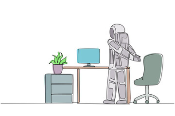 Single one line drawing astronaut stands with his hands behind his back. Stretching. Light exercise to prepare for overtime work making expedition reports. Continuous line design graphic illustration